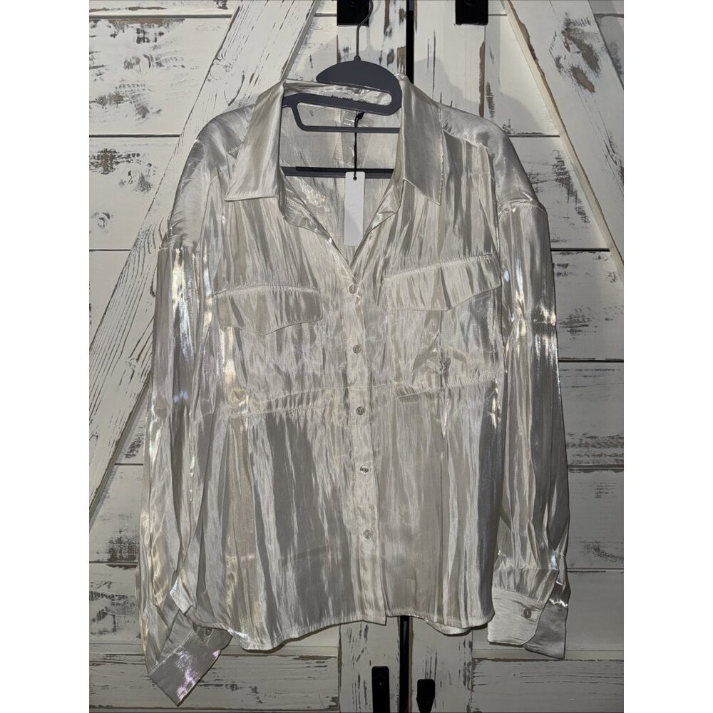 Day + Moon Women's Cream White Satin Shine Pocket Oversize Shirt Size Large